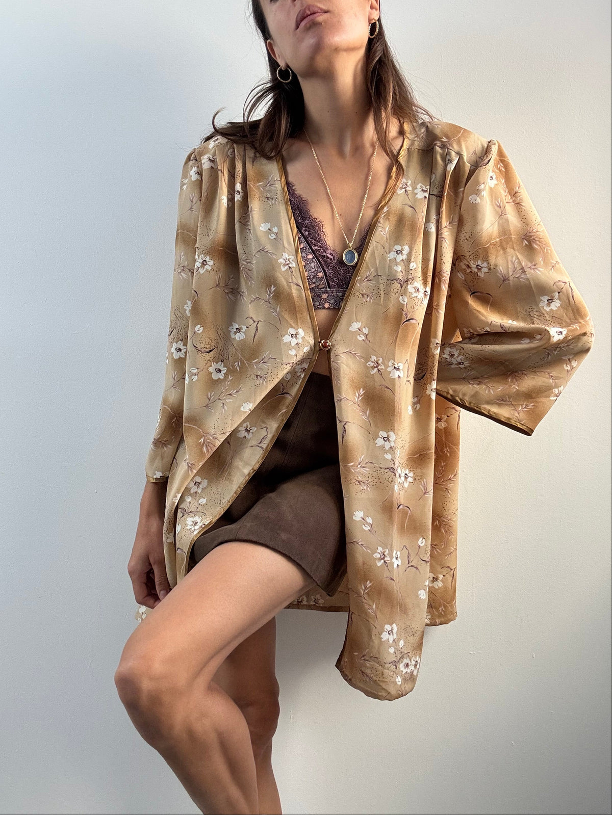 Blusa kimono a fiori beige