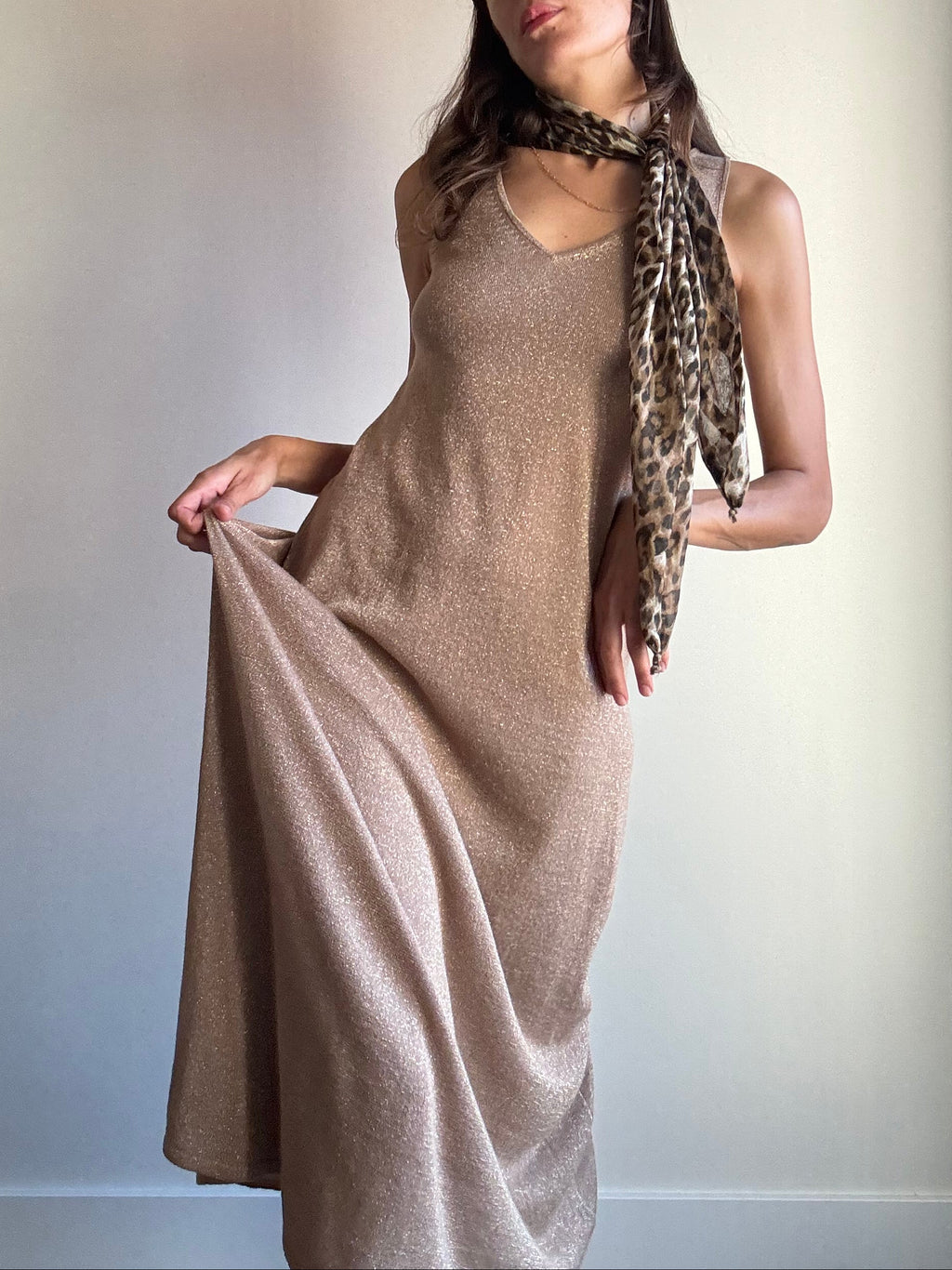 Abito lungo bronzo lurex