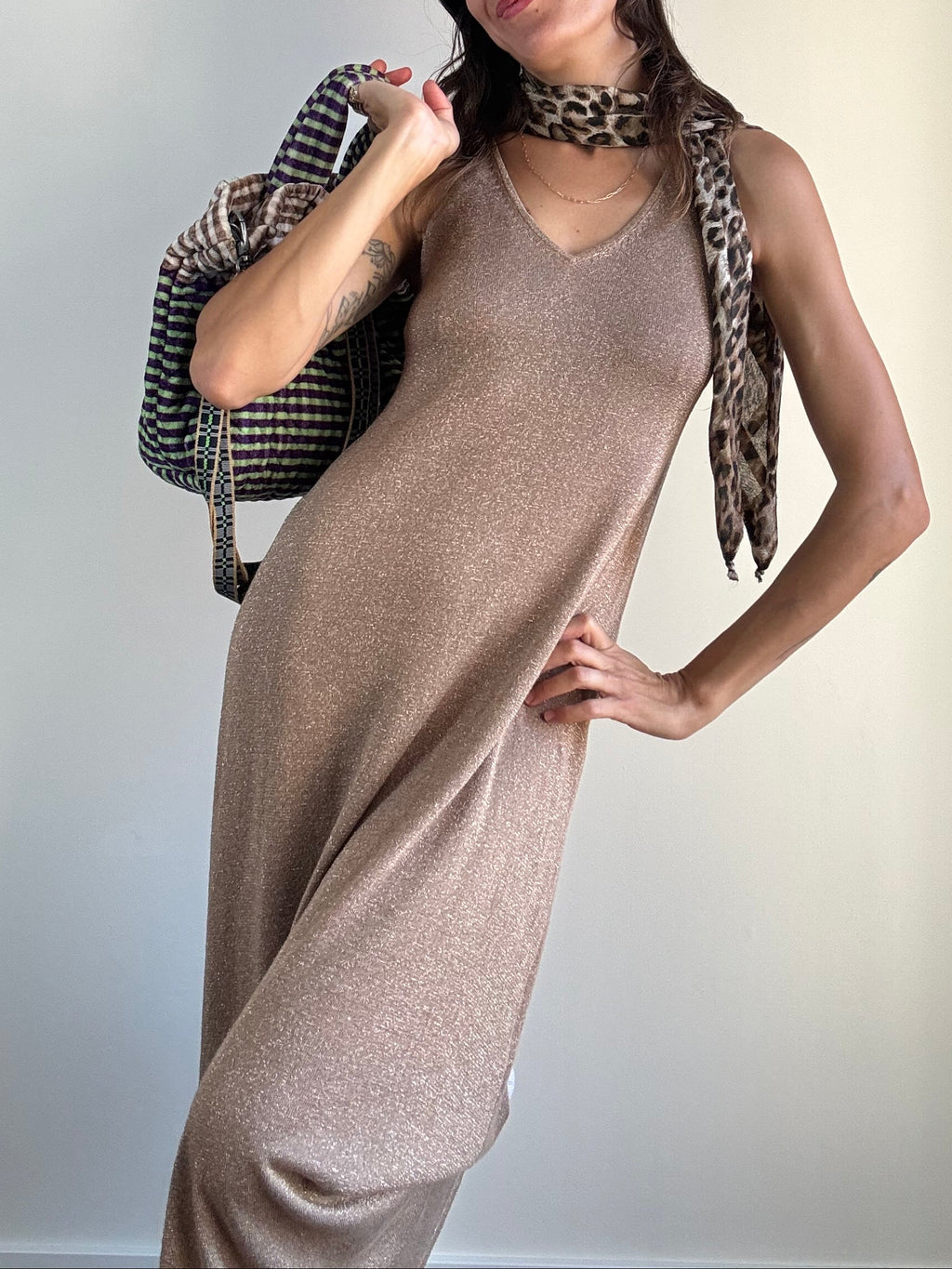 Abito lungo bronzo lurex