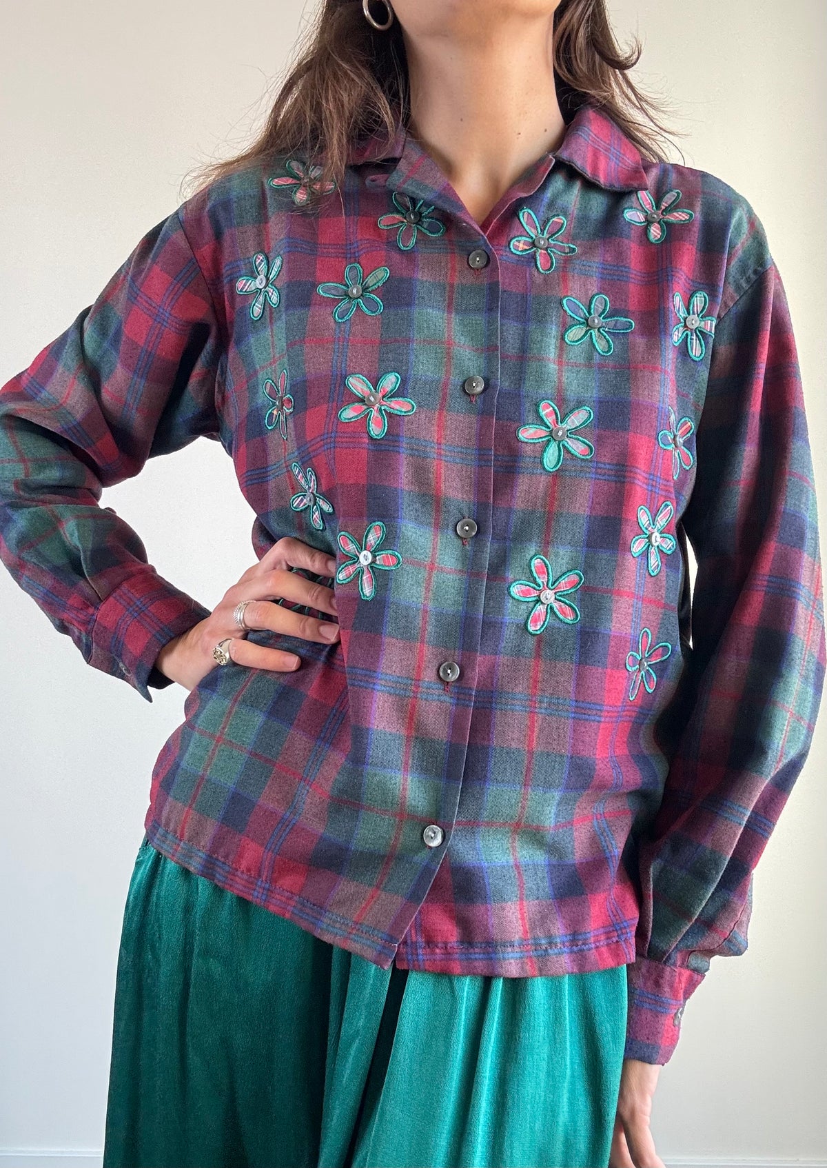 Camicia tartan ricamata fiori