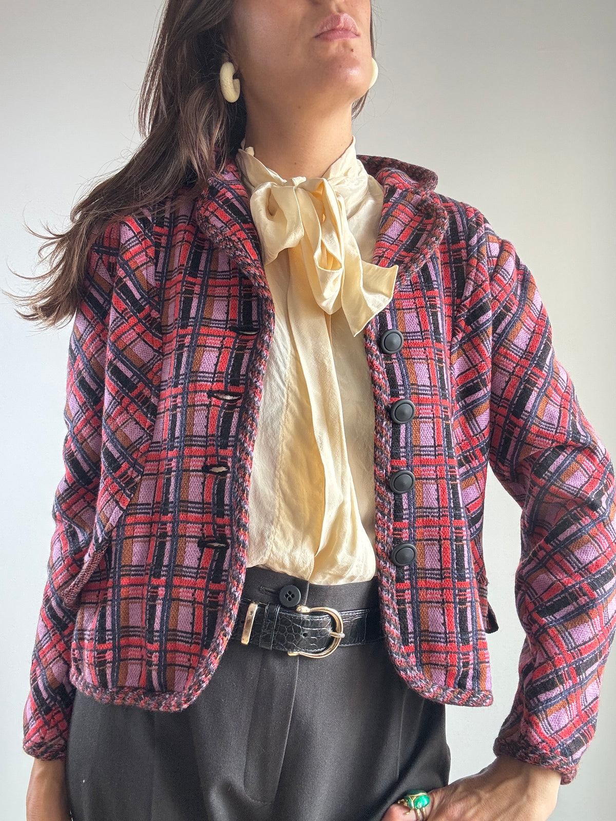 Giacca tartan in lana rossa e lilla