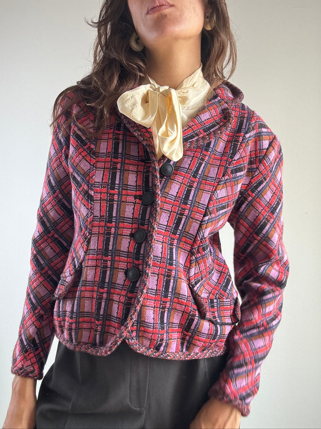 Giacca tartan in lana rossa e lilla