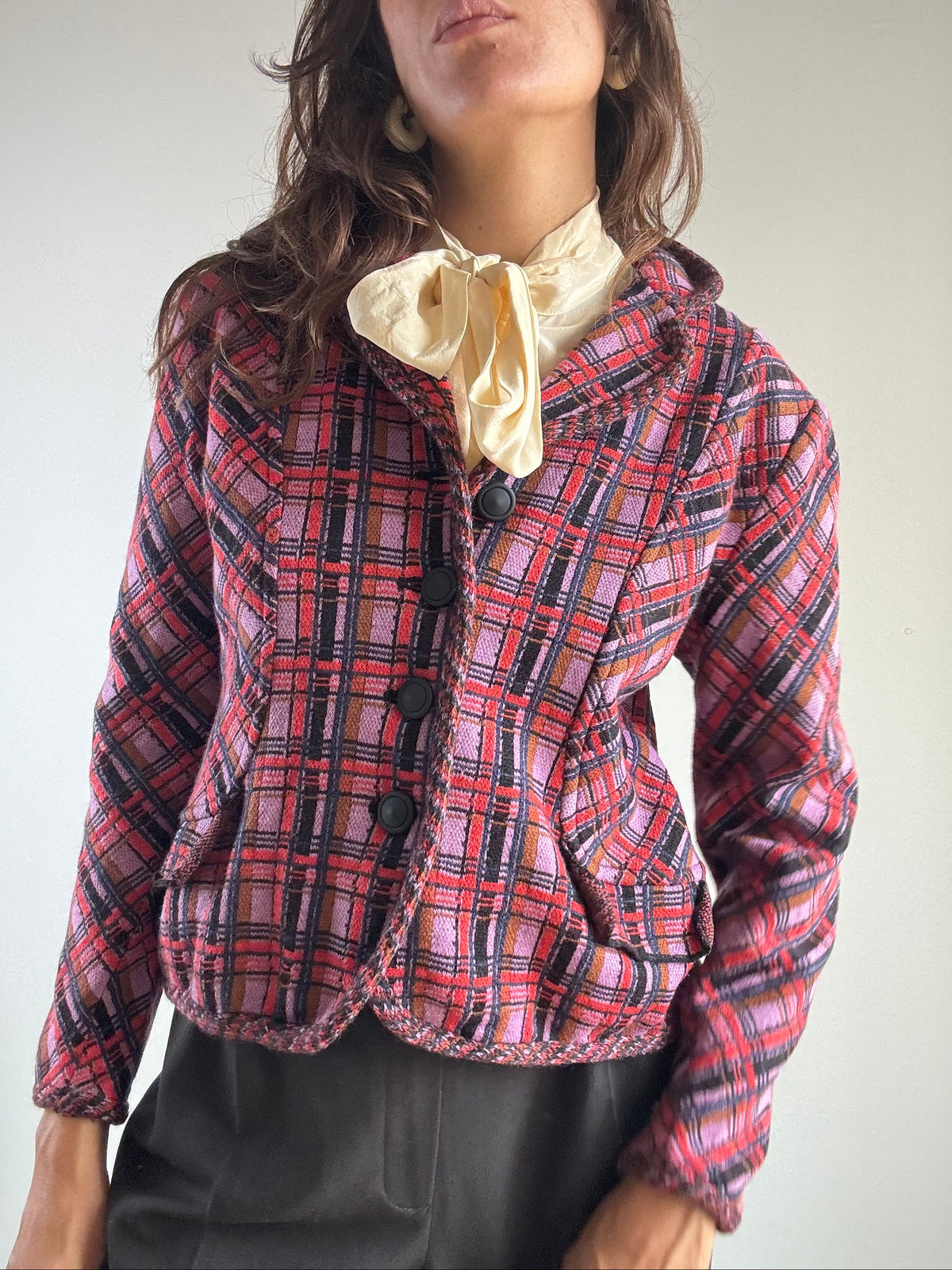 Giacca tartan in lana rossa e lilla