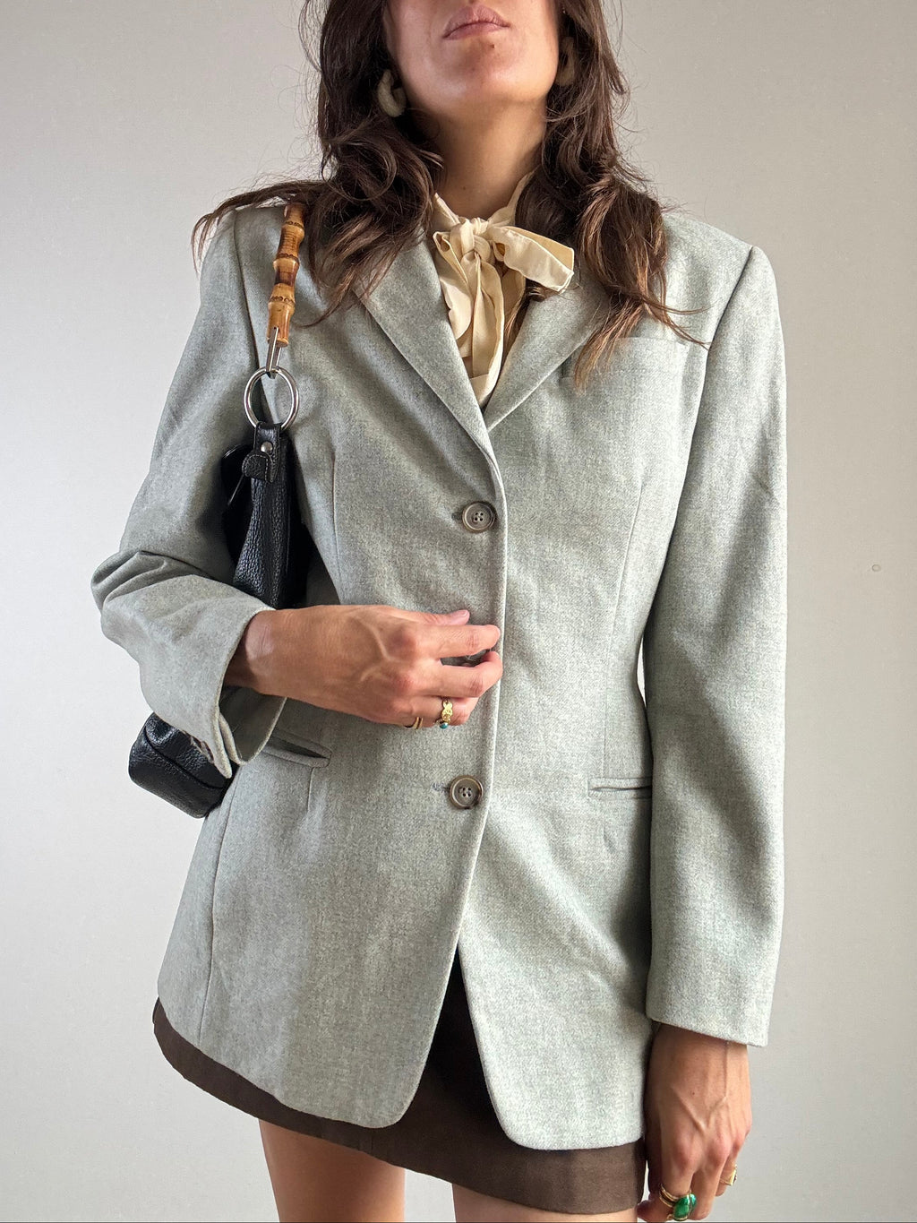 Blazer vintage Max&Co. lana jacquard verde menta, dettaglio revers e bottoni decorativi