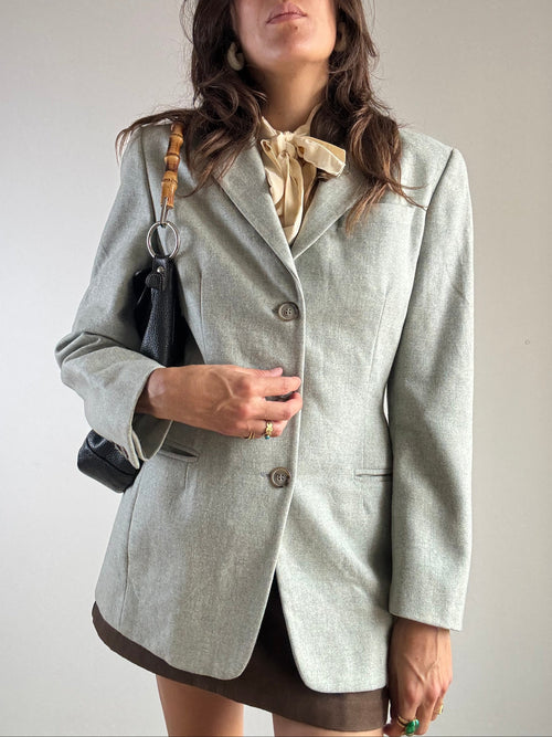 Blazer vintage Max&Co. lana jacquard verde menta, dettaglio revers e bottoni decorativi