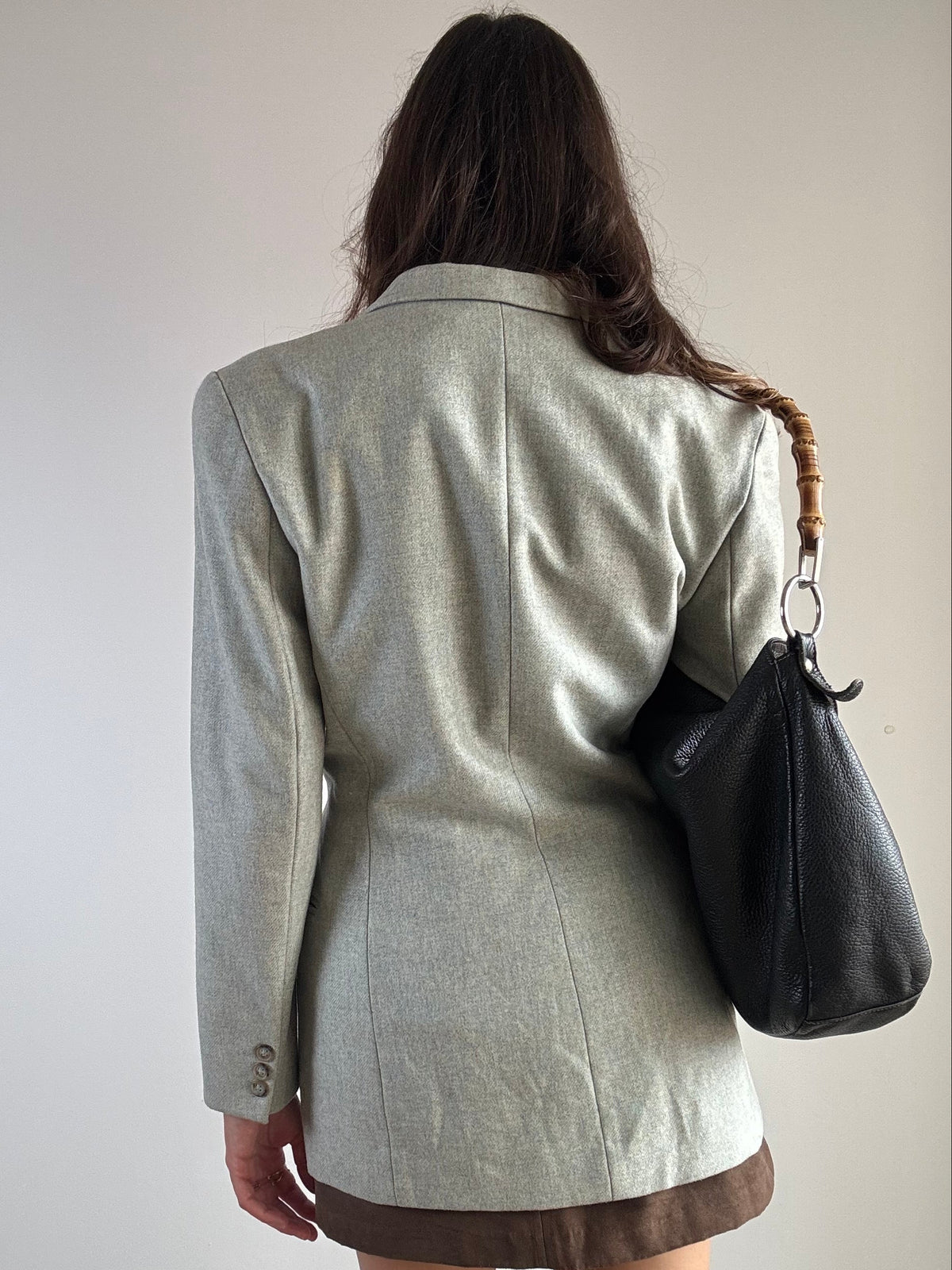 Blazer vintage Max&Co. lana jacquard verde menta, vista posteriore con vita segnata