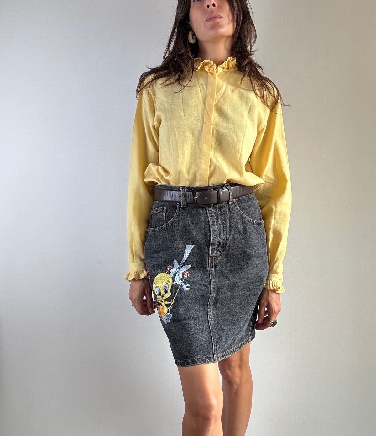 Gonna denim vintage Emmanuel Schvili grigio scuro con ricamo Titti e Silvestro, vista frontale