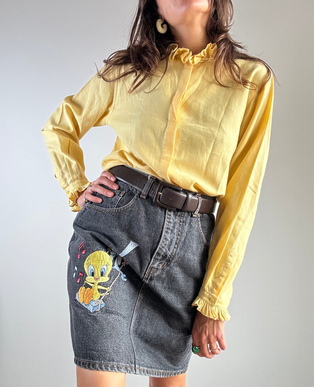 Gonna denim vintage Emmanuel Schvili, dettaglio ricamo Titti e Silvestro con note musicali