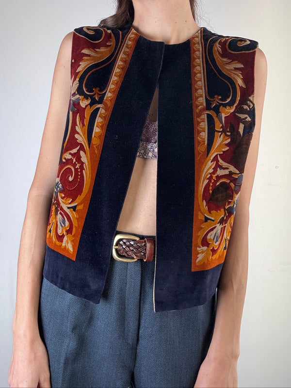 Gilet in velluto blu arabescato